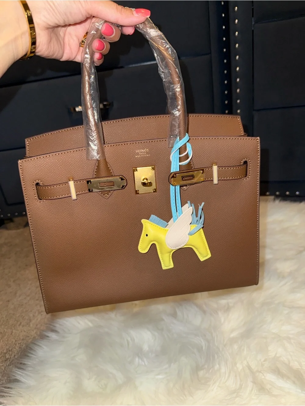 Hermès-style Brown Leather Top-Handle Tote with Yellow Charm